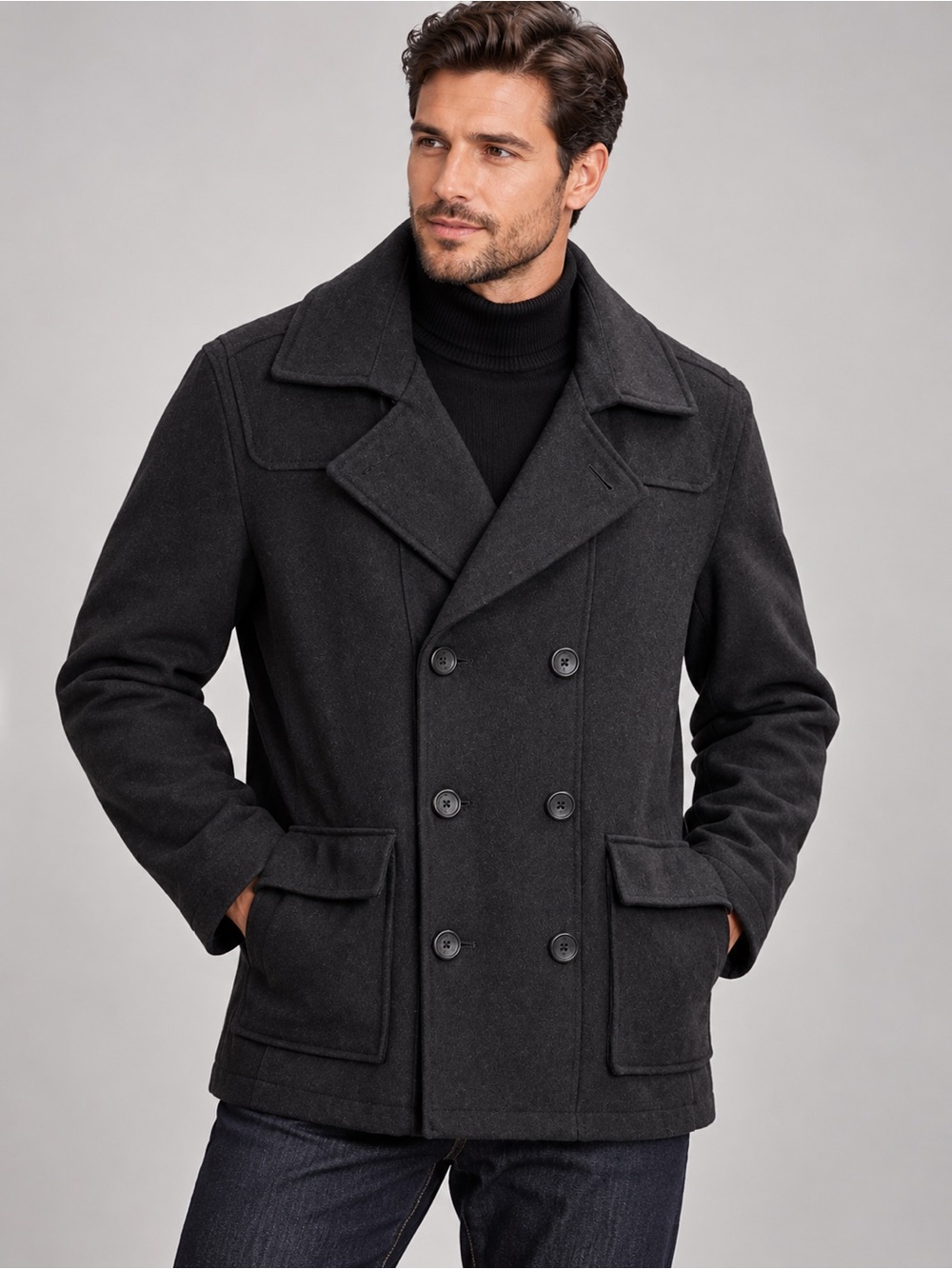 Buffalo David Bitton Men’s M Black Wool Blend Peacoat Double Breasted Jacket